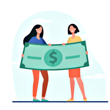 Illustration of two women holding an oversize dollar bill